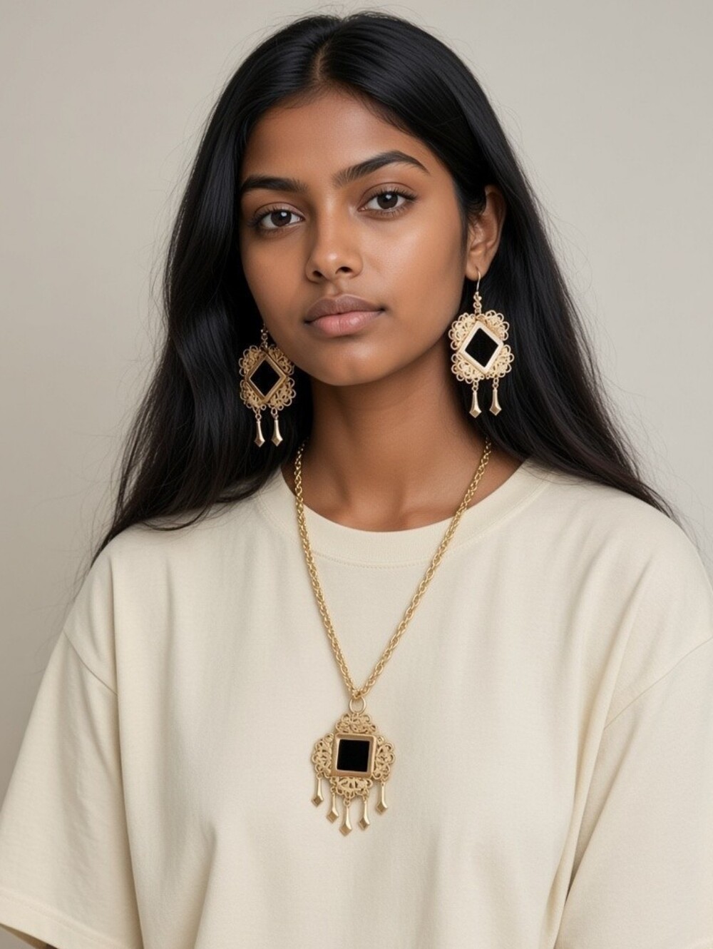 Necklace with Double-Strand Chain and Earings Boho India Gypsy Gold  Geometric